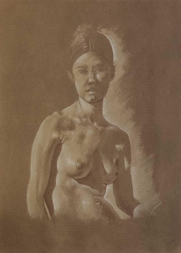 Female bust portrait on toned red paper by Dario Moschetta – drawn with sanguine, pencil and pastel | Ritratto busto donna su carta rossa | Portrait buste féminin | Retrato busto mujer | Weibliches Brustporträt