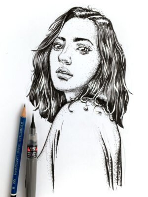 Female portrait in black ink by Dario Moschetta – contemporary stippling and line work on white A4 paper | Ritratto femminile a inchiostro nero su carta bianca | Portrait féminin à l'encre noire | Retrato femenino a tinta negra | Frauenporträt mit schwarzer Tinte