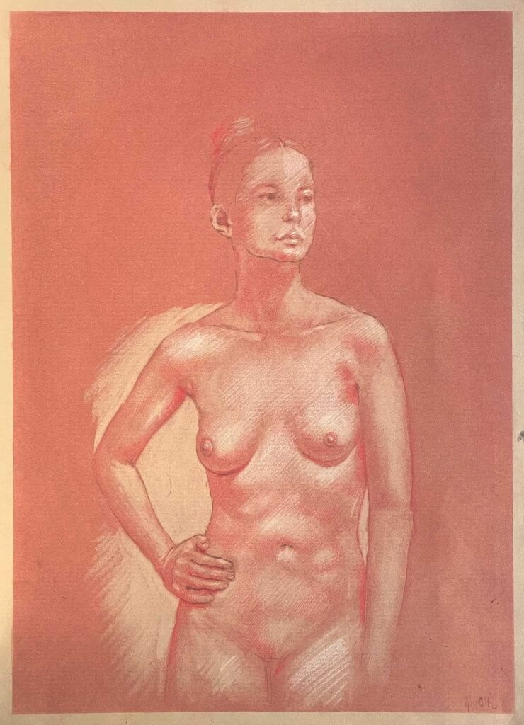 Female nude academic drawing on red paper by Dario Moschetta – sanguine, pencil and pastel artwork | Disegno accademico nudo femminile su carta rossa | Dessin nu féminin sur papier rouge | Dibujo académico desnudo femenino | Weibliche Aktzeichnung auf rotem Papier