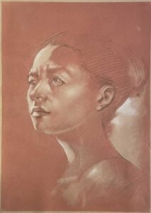 Female head portrait drawing in red chalk by Dario Moschetta – sanguine, pencil and pastel on paper | Ritratto femminile a matita e sanguigna su carta | Portrait féminin sur papier rouge | Retrato femenino académico | Weibliches Porträt auf rotem Papier