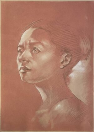 Female head portrait drawing in red chalk by Dario Moschetta – sanguine, pencil and pastel on paper | Ritratto femminile a matita e sanguigna su carta | Portrait féminin sur papier rouge | Retrato femenino académico | Weibliches Porträt auf rotem Papier