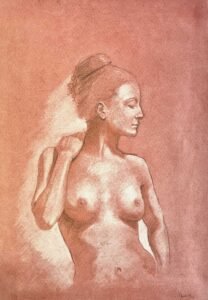 Female torso nude drawing in red chalk by Dario Moschetta – classical front view on toned paper | Disegno torso nudo femminile frontale a sanguigna | Dessin torse nu féminin de face | Dibujo torso femenino desnudo | Weibliche Torso-Zeichnung klassisch
