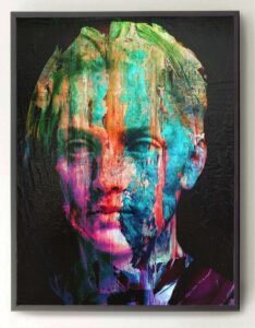 Colorful mixed media bust painting by Dario Moschetta – vibrant abstract reinterpretation of a classical sculpture