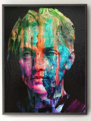 Modern mixed media portrait with abstract overlays and vivid palette by Dario Moschetta