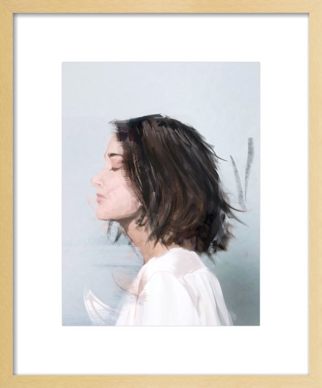 Peaceful female portrait in soft colors with closed eyes, print by Dario Moschetta