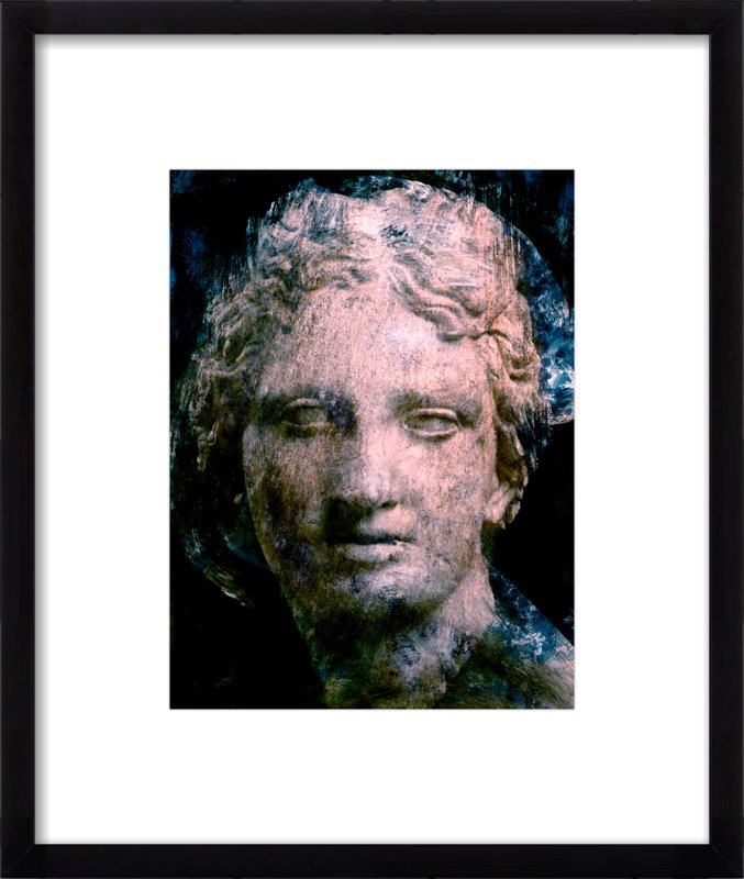 Classical sculpture-inspired bust in pink and blue tones, art print by Dario Moschetta