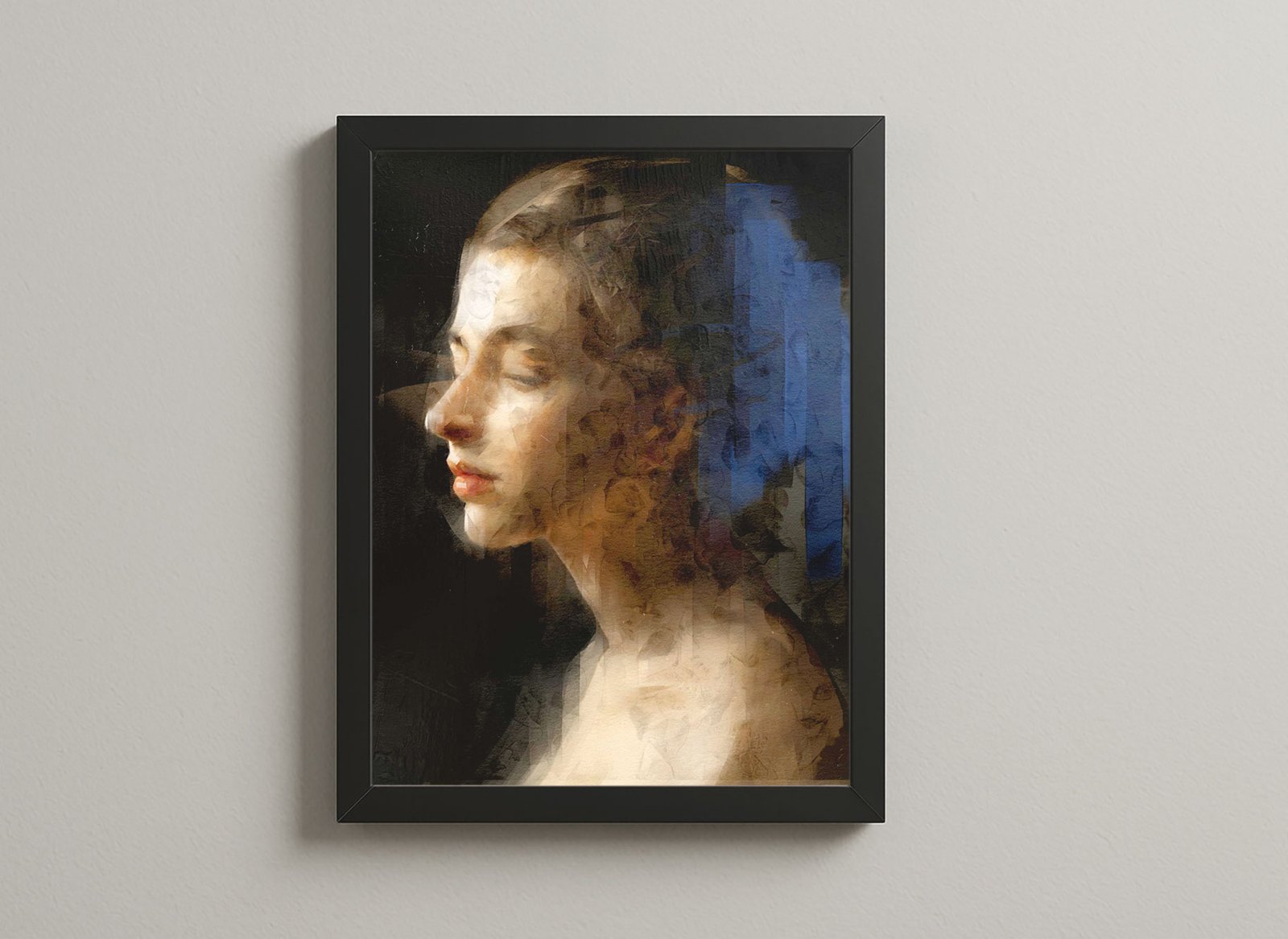 Abstract mixed media portrait in blue tones, blending realism and motion in a contemporary composition.
