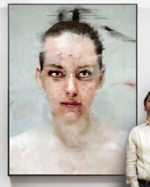 Contemporary female portrait painting in large format, shown with human scale – Portrait 701 by Dario Moschetta