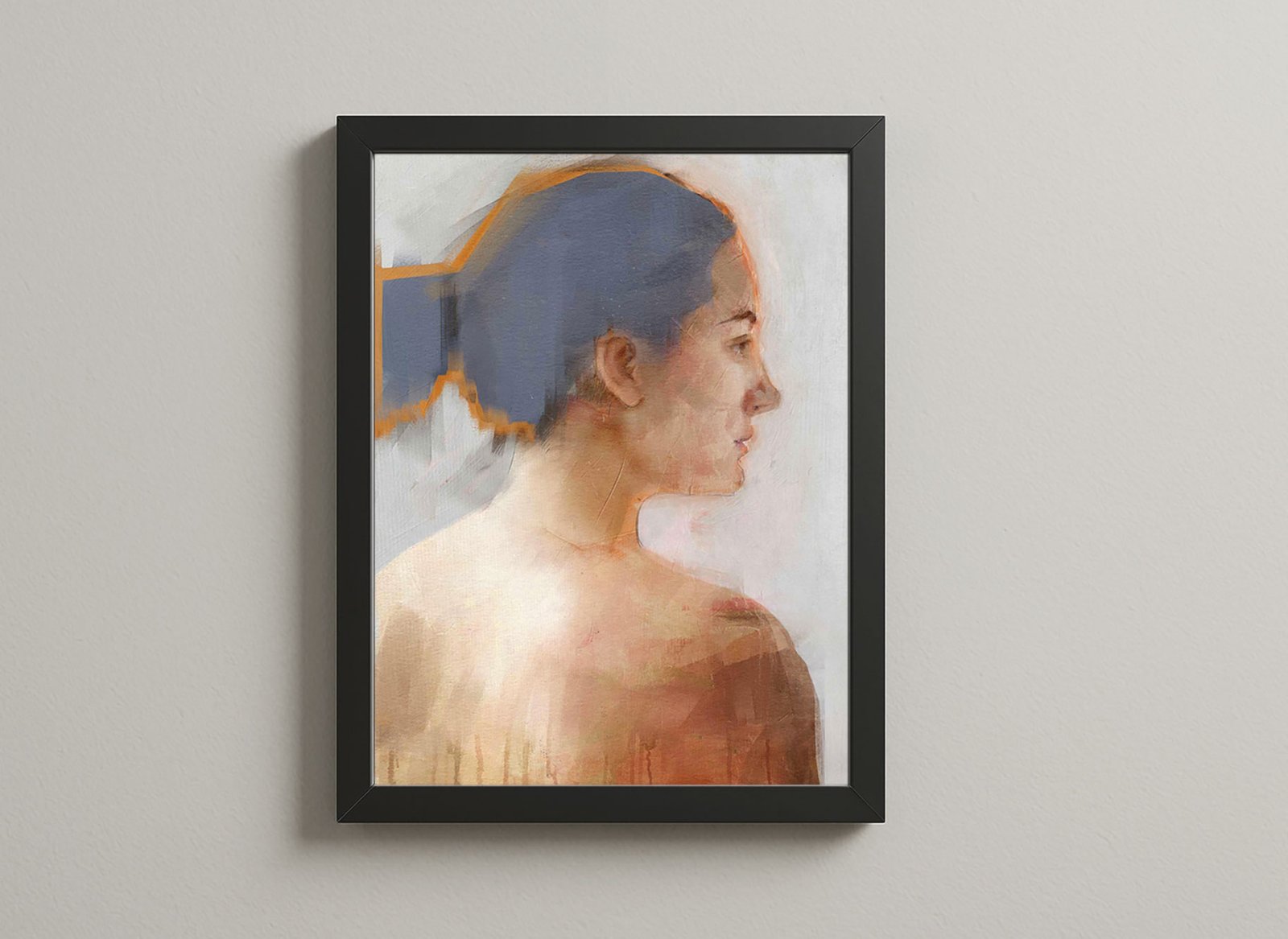 Contemporary female portrait with blue and orange contrasts, painted in mixed media on canvas.
