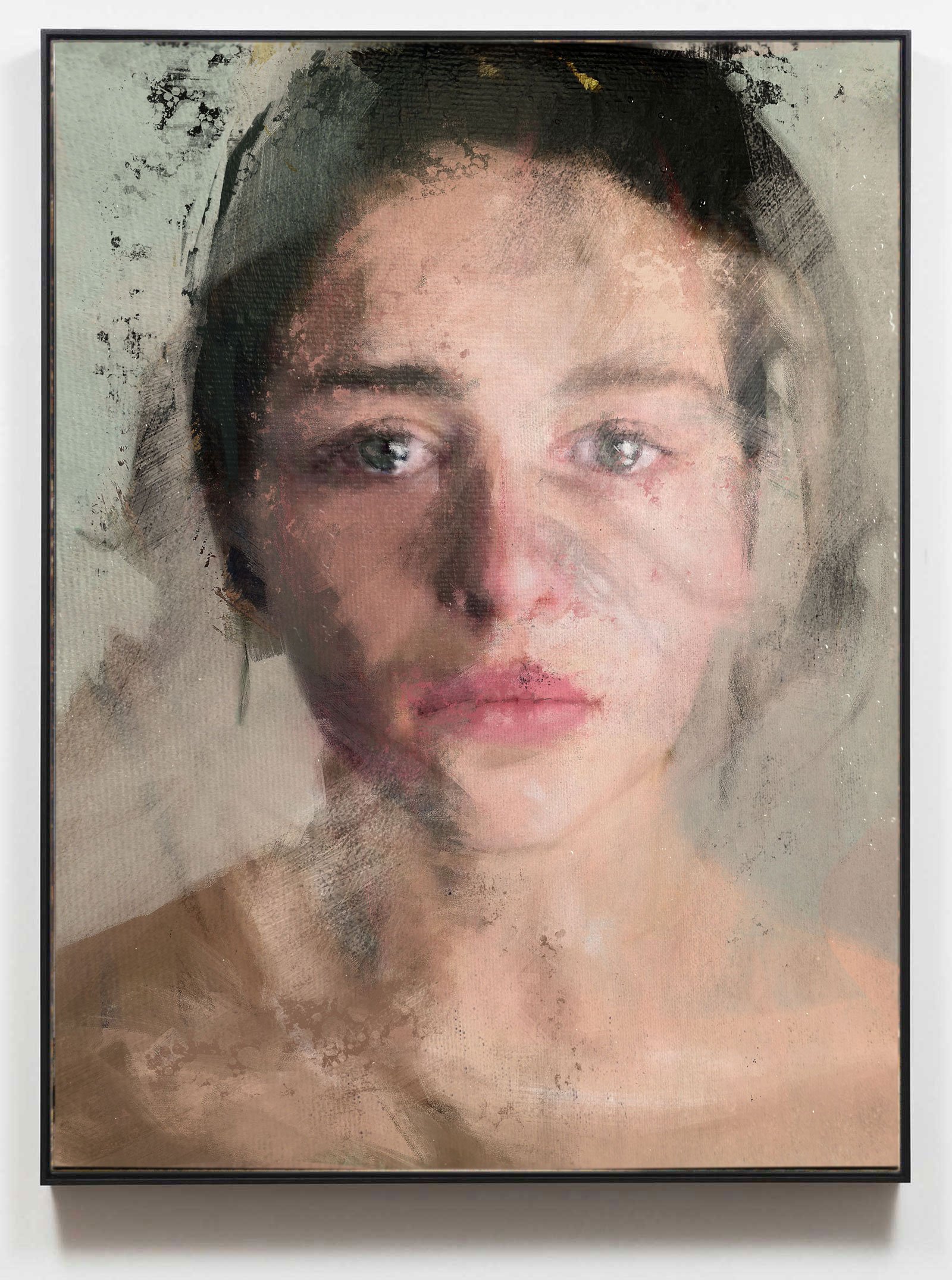 Expressive portrait of a young woman with layered textures and a deep, emotional gaze.