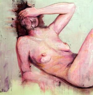 Female nude acrylic painting by Dario Moschetta, original artwork created in 2017. A reclining figure with expressive textures and subtle pink tones