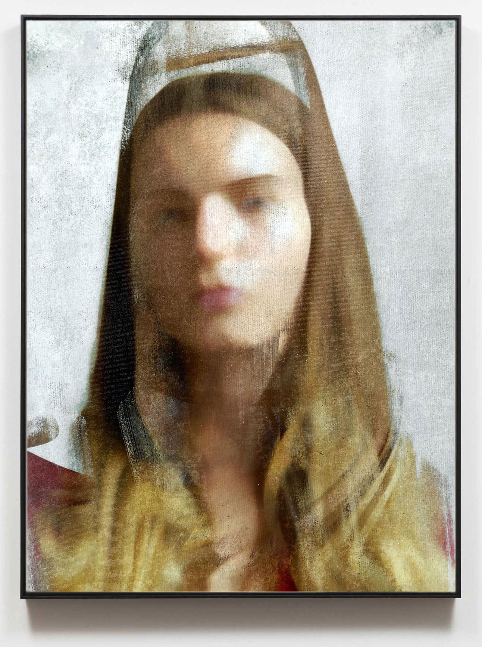 Mixed media portrait of a woman with blurred facial features and photographic textures.