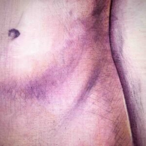 Dettaglio della pennellata e della texture in un nudo femminile a olio su tela.