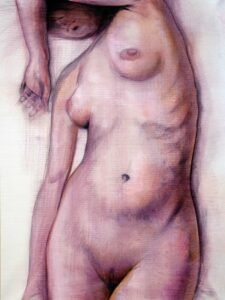 Full view of Human Aerodynamic 15, a female nude oil painting on canvas by Dario Moschetta