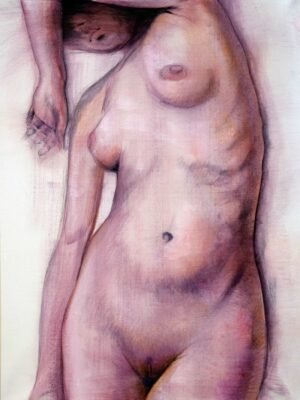 Full view of Human Aerodynamic 15, a female nude oil painting on canvas by Dario Moschetta