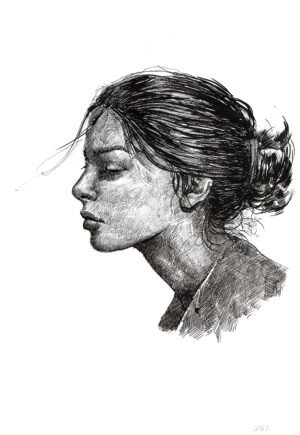 Female profile ink drawing on paper by Dario Moschetta