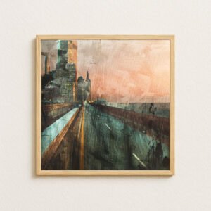 Veduta urbana malinconica con cielo arancio – tecnica mista su tela di Dario Moschetta, quadro incorniciato