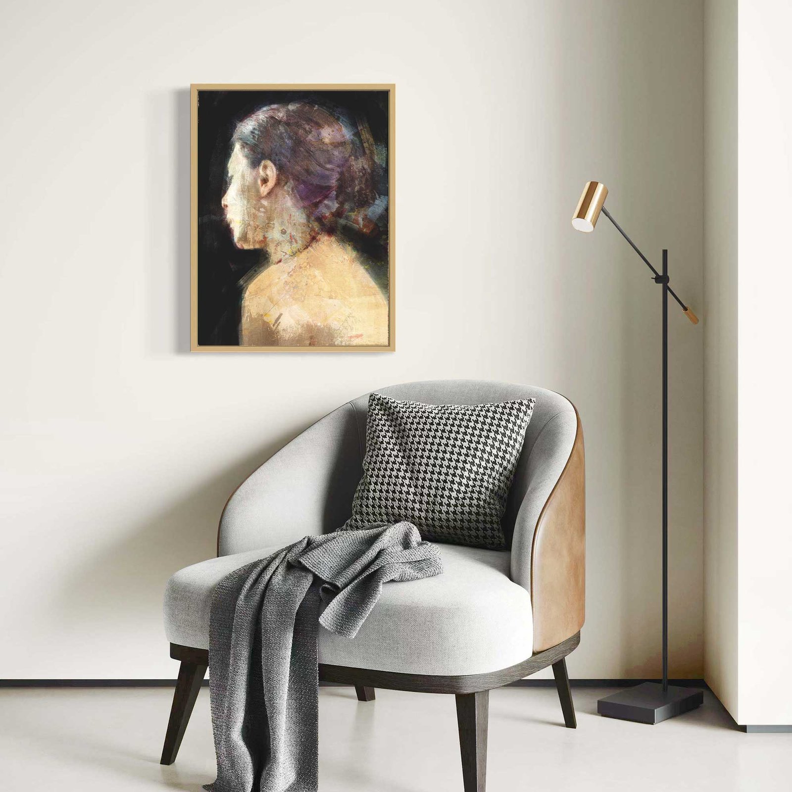 Mixed media portrait of a woman in soft tones, shown in a modern interior with warm lighting.