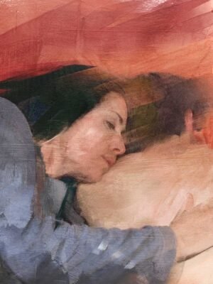 Full view of Resting Soul painting – intimate figurative painting in warm red tones