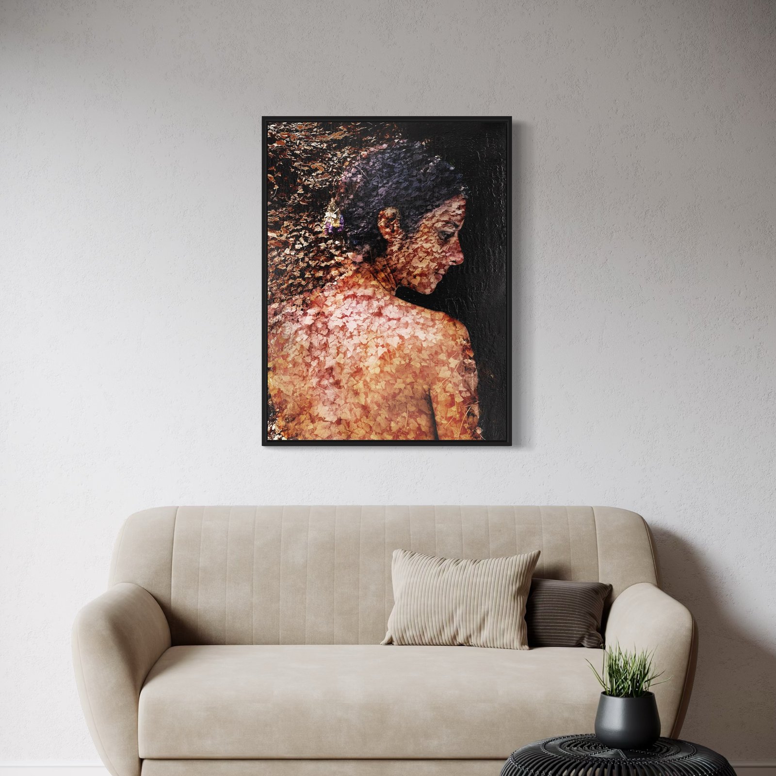 Textured back-view portrait of a woman, made with autumnal tones and floral overlays.