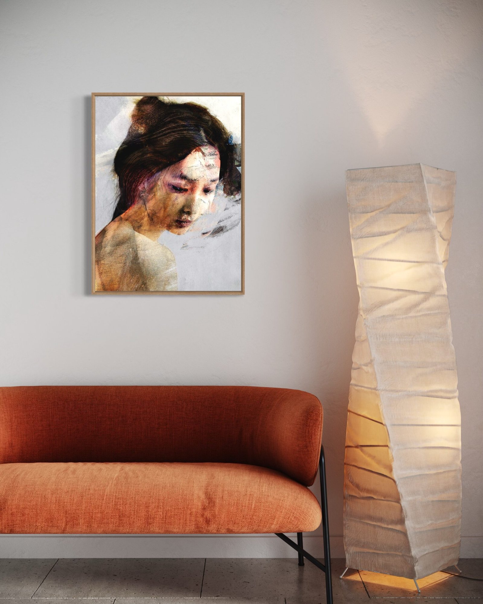 Soft-toned female portrait in profile, created with mixed media on canvas.