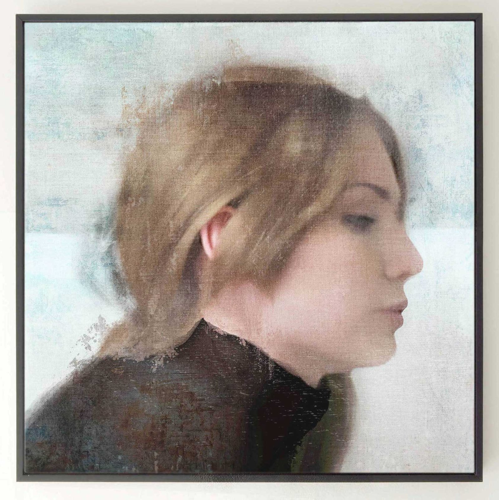 Square-format profile portrait with soft textures and blonde hair, in a neutral color palette.