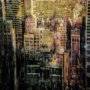 Cityscape di Manhattan, opera New York 101 di Dario Moschetta, artista italiano contemporaneo – tecnica mista su tela, 155x155 cm