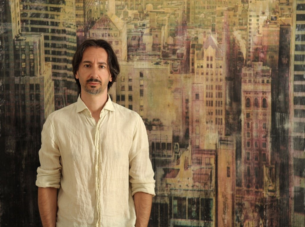New York 101 – aerial Manhattan cityscape mixed media painting by Dario Moschetta, sold