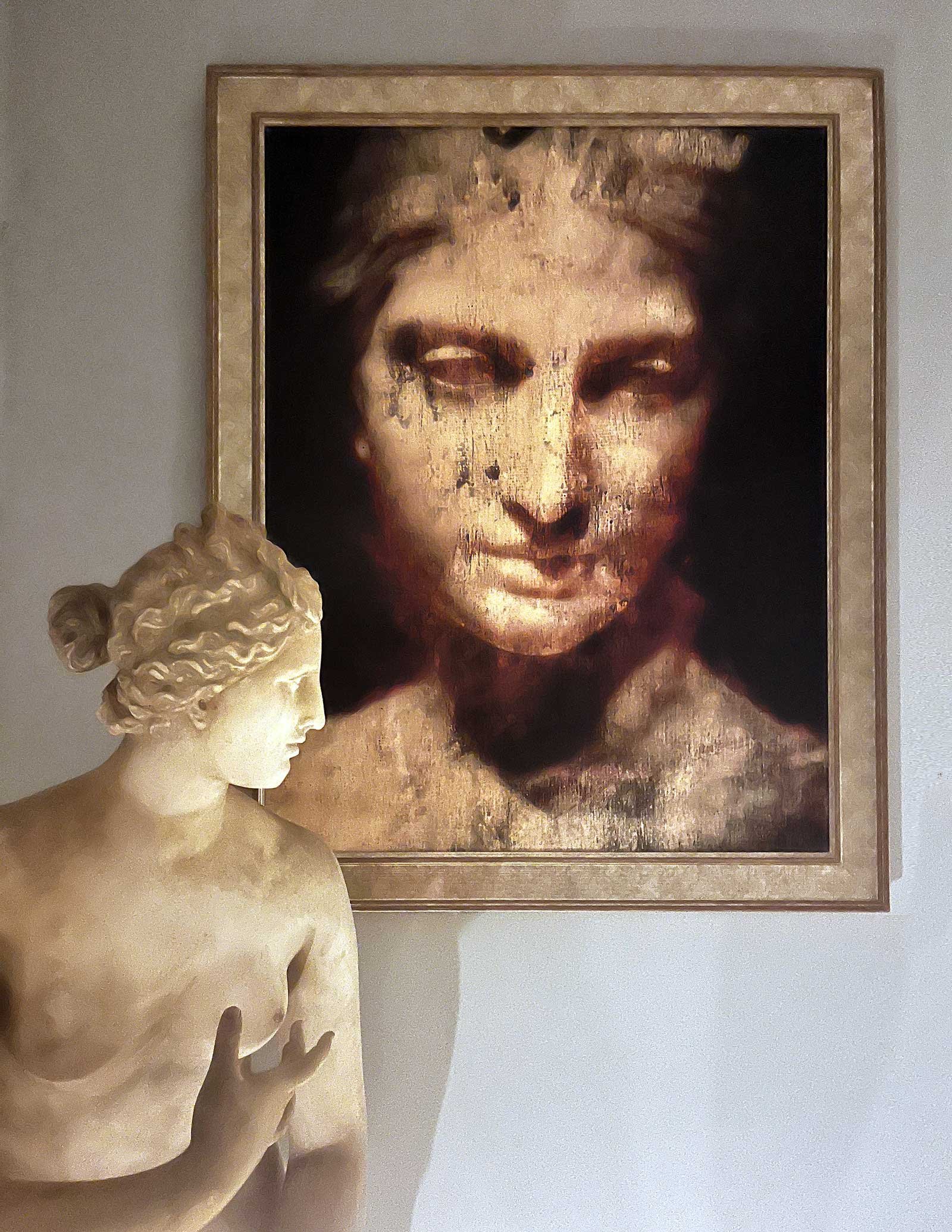 Contemporary artwork by Dario Moschetta displayed in modern interior with sculpture