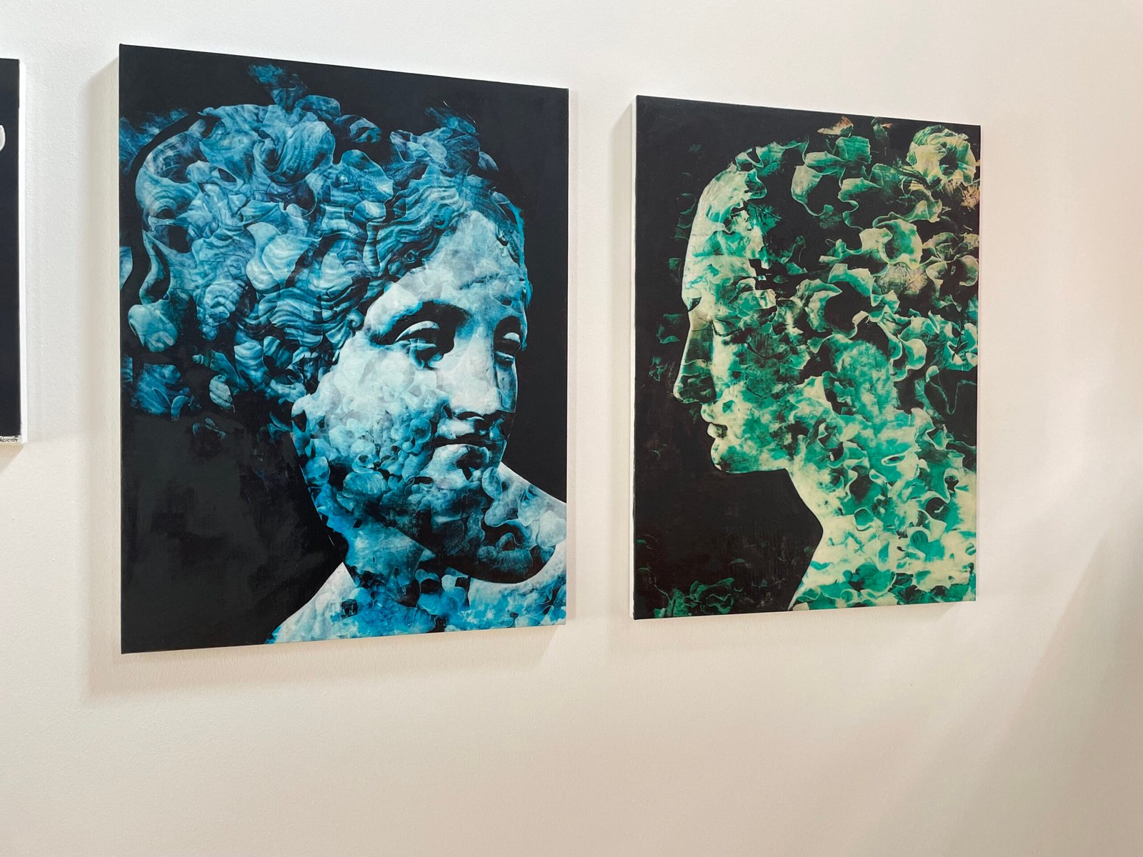 Diptych of blue and green bust paintings by Dario Moschetta in contemporary home