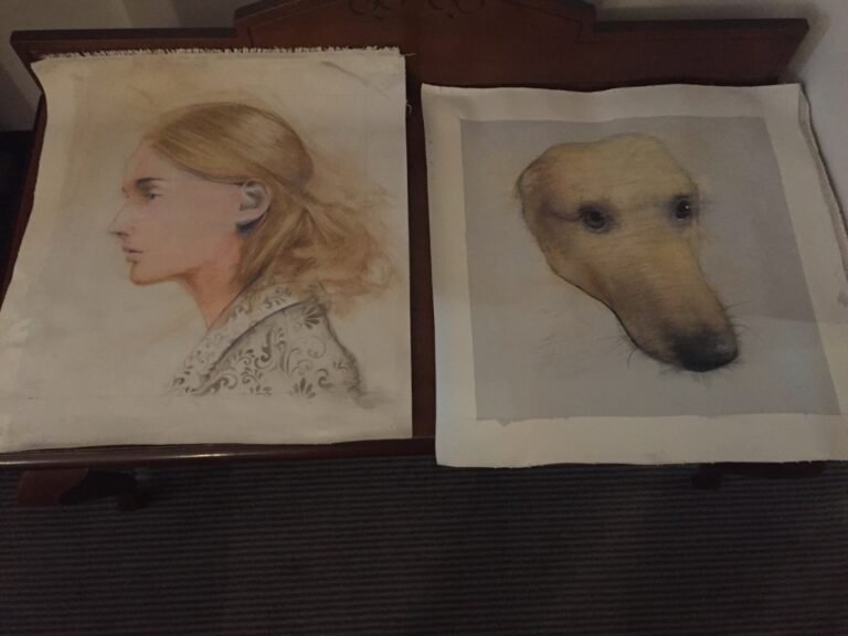 Two drawings on paper by Dario Moschetta, a woman and a dog, Artrooms London 2017