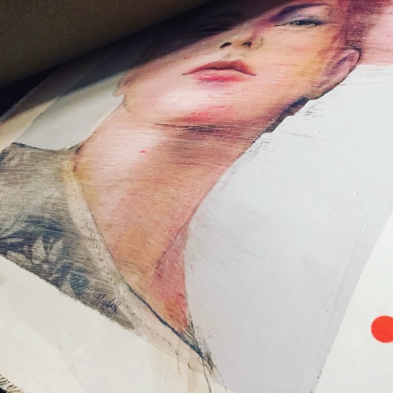 Close-up of a female portrait on canvas with a red sold dot, Artrooms London 2017