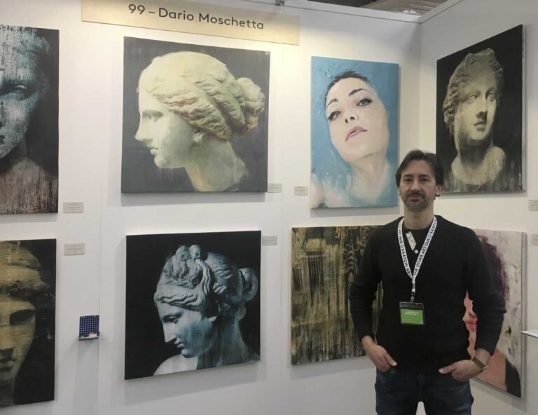 Dario Moschetta in his booth with Ancient Beauty paintings, The Other Art Fair London 2019