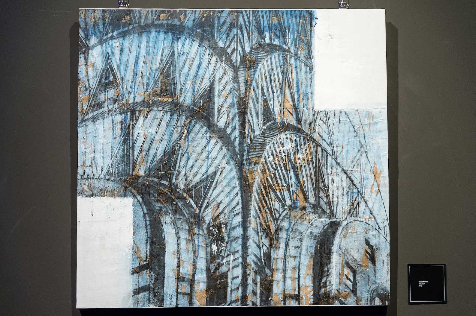 Blue Chrysler painting by Dario Moschetta exhibited at Torre Velasca Milano 2016 – contemporary cityscape art