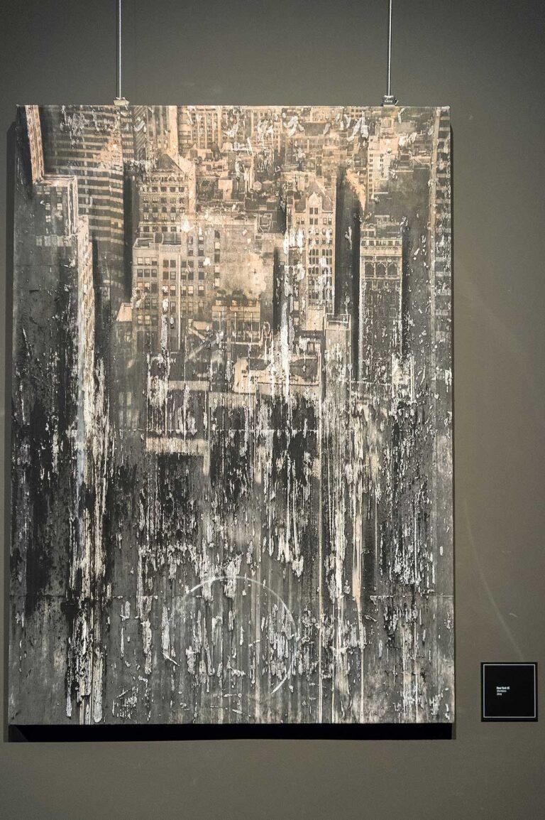 Vertical cityscape seen from above, painting by Dario Moschetta at Torre Velasca 2016