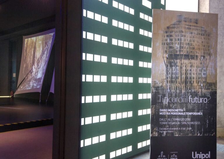 Light installation and exhibition banner inside Torre Velasca, Milan 2016