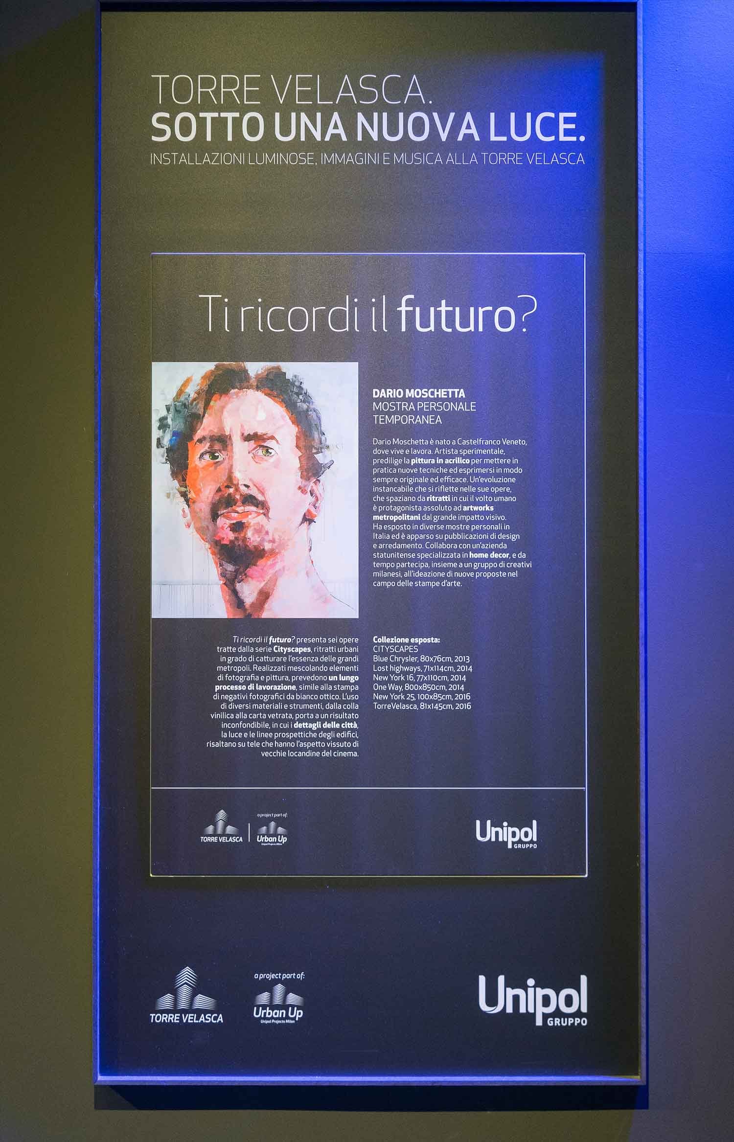 Exhibition panel with biography and artworks of Dario Moschetta – Torre Velasca Milano 2016 contemporary art show