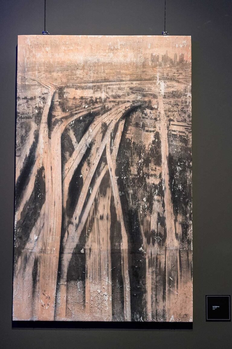 Lost Highways, painting of a highway interchange by Dario Moschetta, Torre Velasca 2016