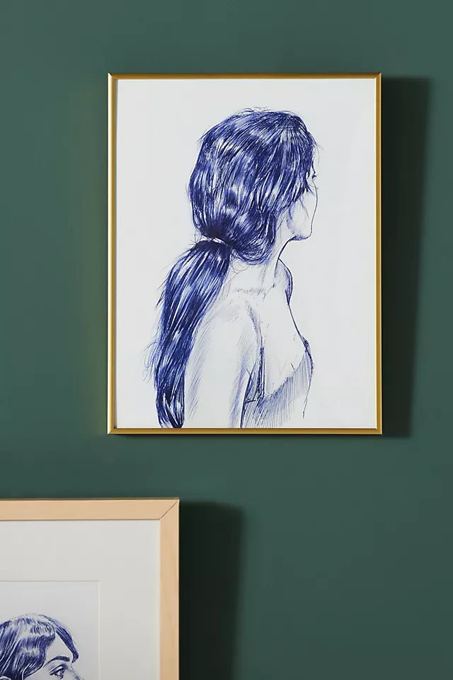 Female profile ink drawing in blue tones by Dario Moschetta