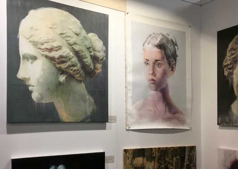 Ancient Beauty classical head next to a female portrait, The Other Art Fair London 2019