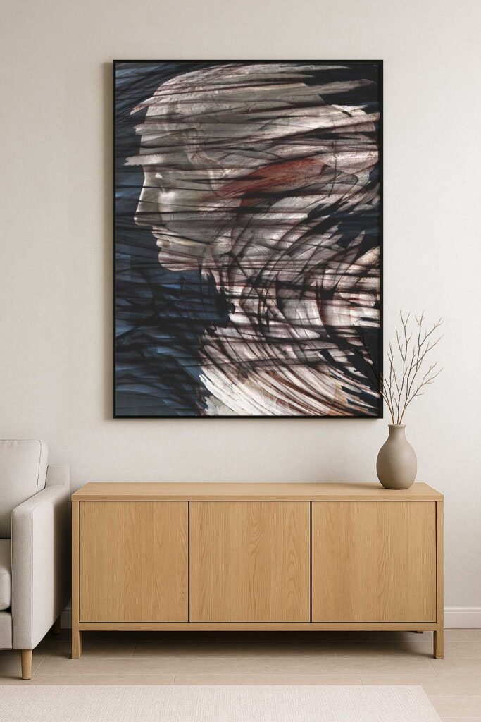 Large format portrait fine art print ‘Head 22B’ by Dario Moschetta – contemporary reinterpretation of a classical bust in blue and ochre tones, framed on a modern interior wall.