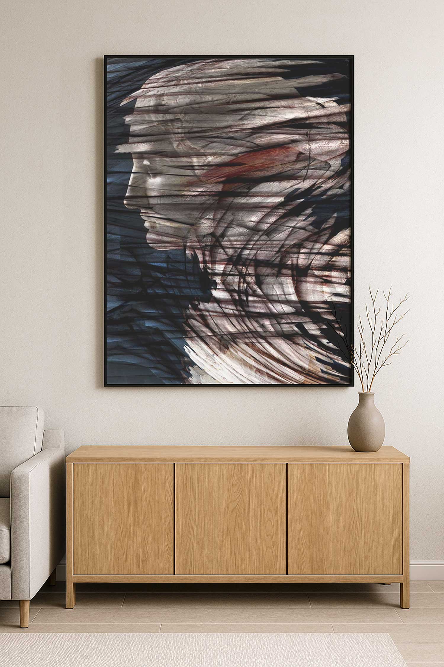 Large format portrait fine art print ‘Head 22B’ by Dario Moschetta – contemporary reinterpretation of a classical bust in blue and ochre tones, framed on a modern interior wall.