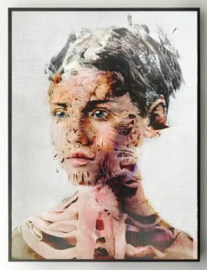 Framed mixed media female portrait on wall – artwork by Dario Moschetta