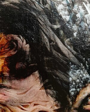 Hair and texture detail of mixed media portrait by Dario Moschetta
