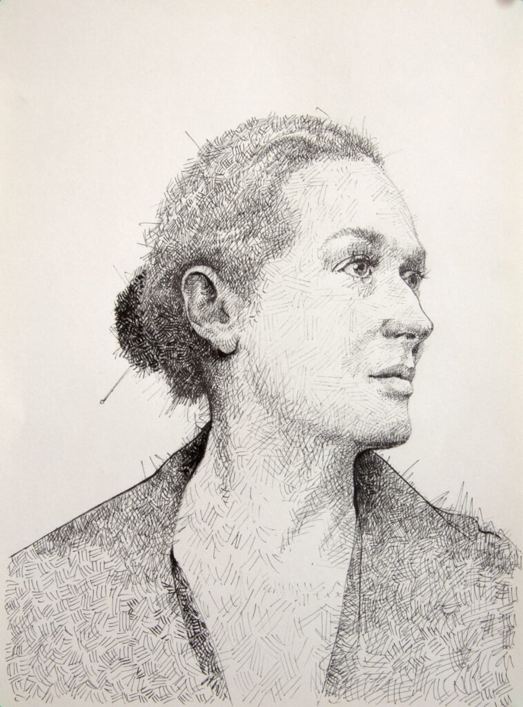 “Profile in Lines” – original female portrait ink drawing on paper by Dario Moschetta