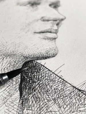 Detail of “Profile in Lines” – female portrait ink drawing by Dario Moschetta