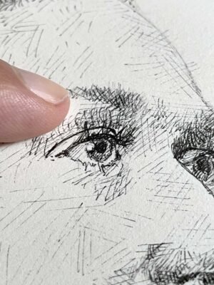 Close-up of the eye in “Profile in Lines” – original female portrait ink drawing