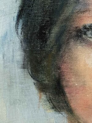 Close-up of Silent Gaze portrait, texture of acrylic and pastel female face painting by Dario Moschetta