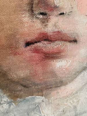 Mouth and lips close-up from Silent Gaze, original female portrait painting with acrylic and pastel on canvas