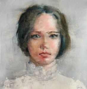Silent Gaze, contemporary female portrait painting for sale by Dario Moschetta, acrylic and pastel on canvas 40x40cm